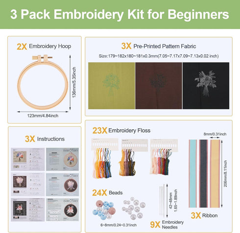 Spritewelry 3 Sets Embroidery Start Kit for Beginners Stamped Cross Stitch Sets with Pattern and Instructions with Embroidery Hoops Threads Needle...