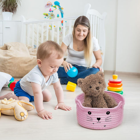 2 PCS Small Woven Basket Cat Ear Basket, Animal Cotton Rope Storage Basket with Cat Ears, Round Decorative Storage Baskets Cute Cotton Rope Cat Ba...