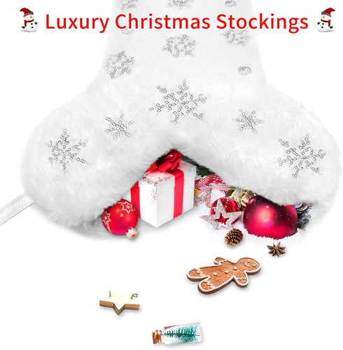 Malier Pet Dog Christmas Stocking, Xmas Luxury Faux Fur Large Bone Shape Hanging with Silver Snowflakes Sequin Decorations Pets Christmas Stocking...