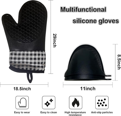 4pcs Set Oven Gloves and Pot Holder Set, Heat-Resistant 500 Degree, with Mini Oven Gloves and Insulation Clips, Non-Slip Food-Grade Long Oven Glov...