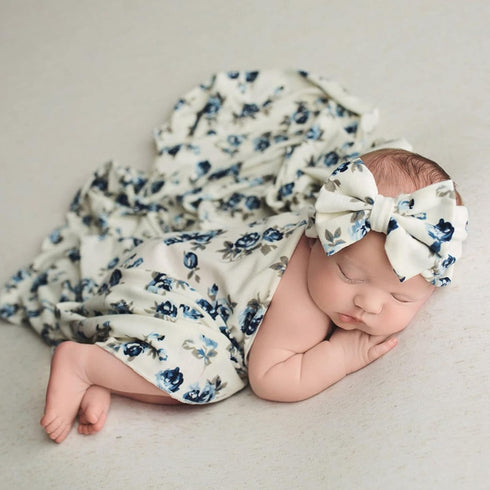 Newborn Swaddle Blanket, Baby Receiving Blanket Wrap with Headband for 0-3 Month Baby Girl and Boy(Blue), One size...