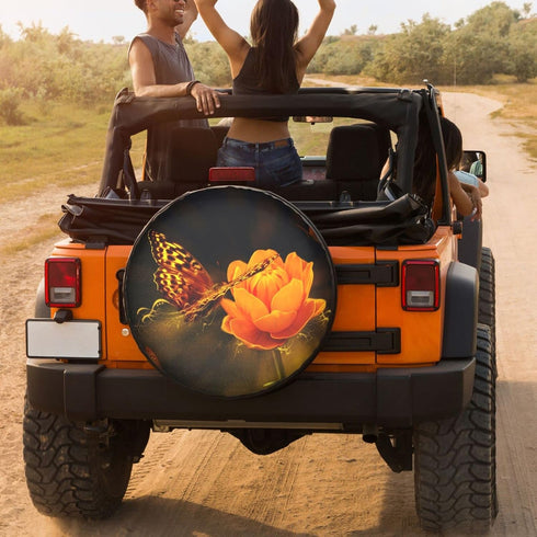 Orange Butterfly Flowers Spare Tire Cover 17 inch Waterproof Dust-Proof Universal Spare Wheel Tires Covers Fit for Jeep,Trailers, RV, SUV,Many Veh...