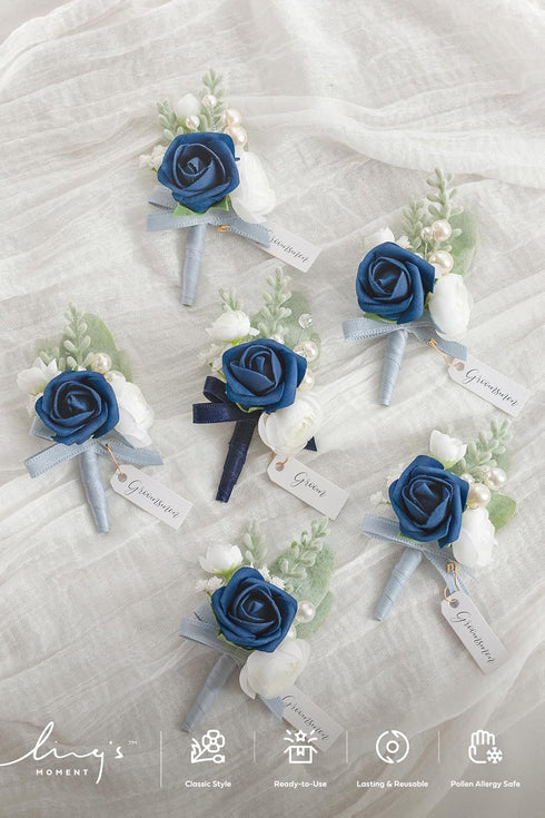 Ling's Moment Boutonniere for Men, 6pcs Groom Groomsmen Boutonniere, Artificial Flowers for Wedding Decor/Prom/Homecoming, etc.Navy Blue Dark Blue...