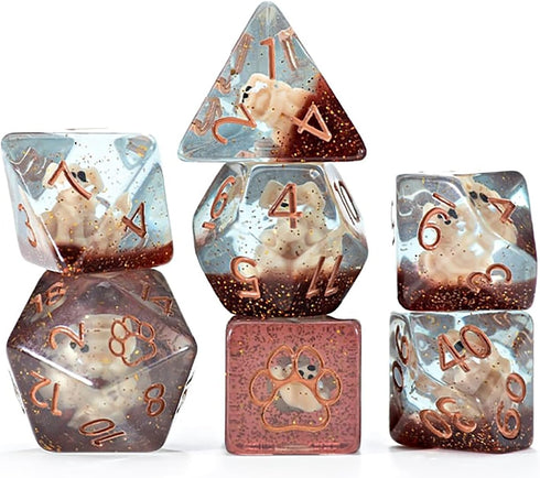 Gate Keeper Games and Dice: Inclusion Dice: Puppy Dice - 7pc RPG Set, Tan Puppy in Clear Resin w/ Brown Glitter, 7 Resin Dice for Role Playing Gam...