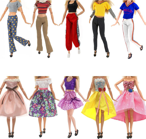 10 Pcs Doll Clothes for 11.5 inch Doll Handmade Casual Wear Including 5 Fashion Tops and Pants Outfits 5 Fashion Dresses in Random Easter Birthday...