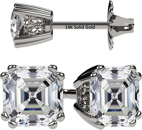 NANA Jewels Asscher Cut 14K Solid Gold Posts & Sterling Silver Simulated Diamond Stud Earrings 0.75 to 4.00ctw CZ...