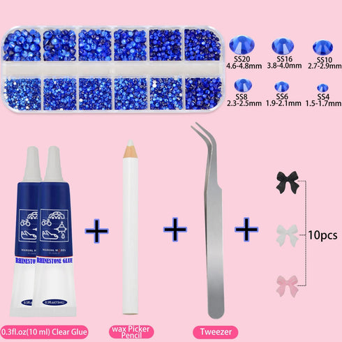 Jewelry Adhesive Glue with Flatback Crystal Rhinestones kit, 6 Sizes 2500Pcs Sapphire No Hotfix Rhinestones for Nail Art Craft Makeup with Bow Twe...