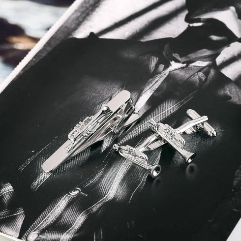 Silver Mens Cufflink Shirts Stainless Steel Cufflink Set, Trumpet Mens Tie Clip Cuff Links Mens Jewelry Gift for Men...