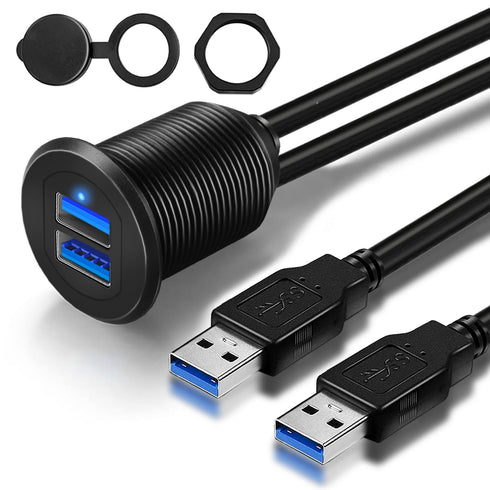 Double Port USB 3.0 Car Mount Flush Cable, USB3.0 Male to Female Car Mount Extension Cable for Car Motorcycle Boat Dashboard Panel 3ft...