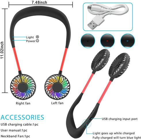 Portable Neck Fan, USB Rechargeable Fan with 3 Speeds Adjustable, Neck Fans Portable Rechargable Prime with LED Lights - Black...