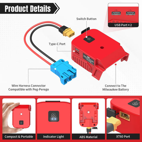 Power Wheel Adapter for Milwaukee M18 18V Battery, with Wire Harness Connector Compatible with Peg-Perego 12 Volt Ride On Toys, Battery Protection...