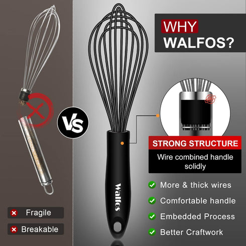 Walfos Silicone Whisk,Stainless Steel Wire Whisk Set of 3 -Heat Resistant 480°F Kitchen Whisks for Non-stick Cookware,Balloon Egg Beater Perfect f...