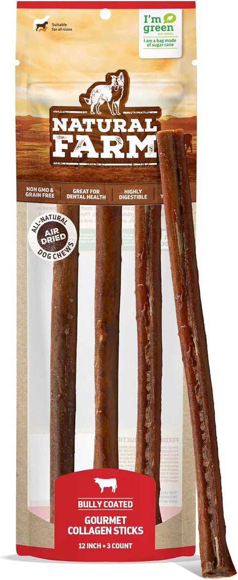 Natural Farm Bully Coated Gourmet Collagen Sticks (12 Inch, 3 Pack), Real Bully Beef Coated, 95% Natural Collagen Dog Chews, Supports Healthy Join...