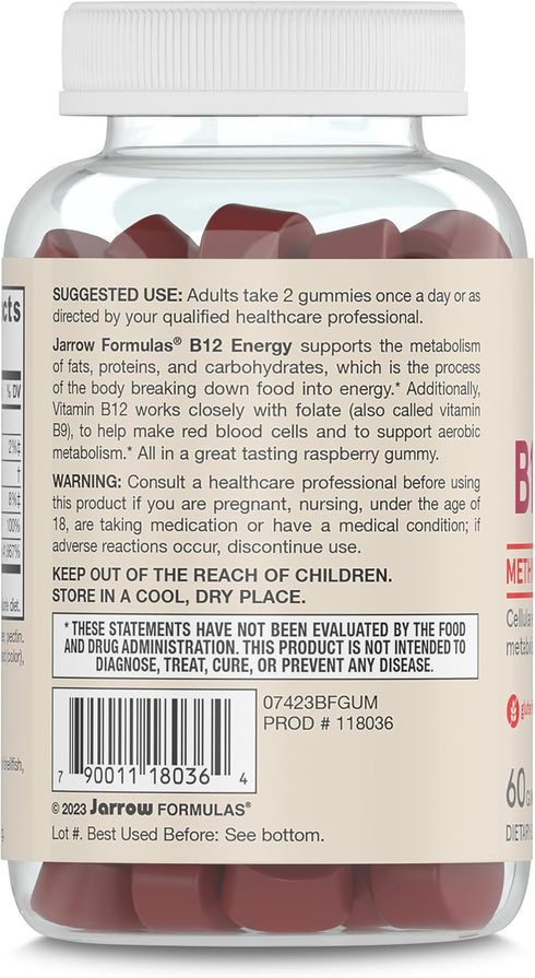 Jarrow Formulas Methyl B12 and Folic Acid Energy, Dietary Supplement, B12 Gummies for Adults, 60 Gummies, 30 Day Supply...