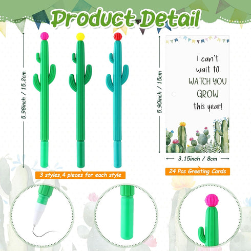 24 Sets Back to School Gifts for Student Cactus Pens Motivational Pen with Inspirational Cards Pots Plant Pens First Day of School Stationery Supp...