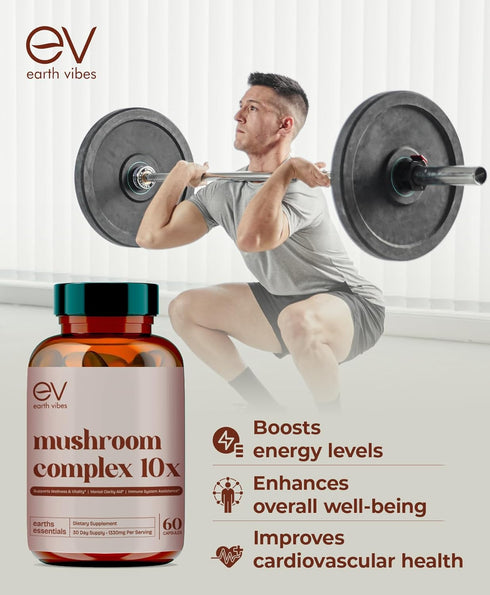 Earth Vibes 10-in-1 Mushroom Complex - 60 Vegan Capsules | Supports Immune Function & Cognitive Health | Includes Lion's Mane, Cordyceps, Reishi &...
