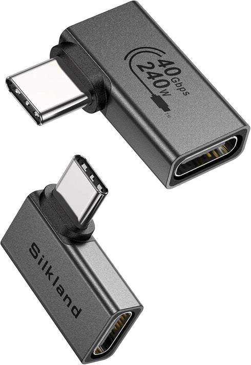 Silkland 90 Degree USB C Right Angle Adapter 2 Pack, 240W 40Gbps Male to Female USB-C Adapter Extender Compatible with Thunderbolt 4/3 for Steam D...