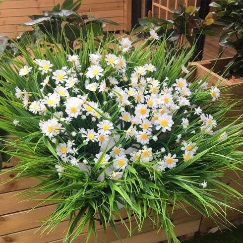 Artificial Daisies Flowers Outdoor UV Resistant 4 Bundles Fake Foliage Greenery Faux Plants Shrubs Plastic Bushes for Window Box Hanging Planter F...