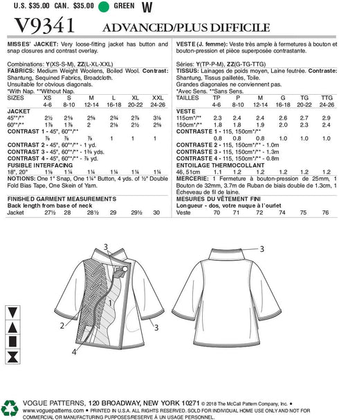Vogue V9341ZZ Women's Very Loose-Fitting Jacket Sewing Pattern by Julio Cesar, Sizes 20-26...