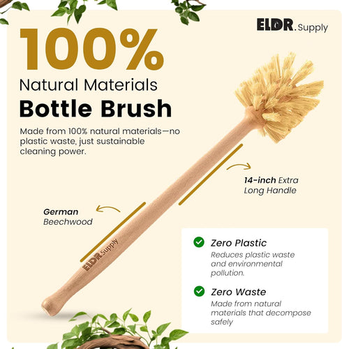 Bottle Brush, 14in Extra Long German Beechwood Handle, Strong Hemp Bristles, Zero Waste, Cleans and Scrubs Hard to Reach Wide Mouth Jars, Glasses,...