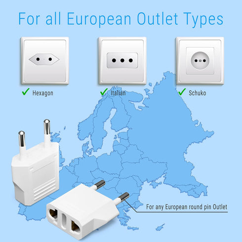 Unidapt 2-pack Europe Travel Plug Adapter, USA to European Plug Adapters, Travel from US Canada America Mexico to EU Europe Italy France Germany S...