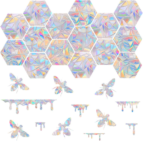 Honeycomb & Bee 30-Piece Rainbow Window Clings - Non-Adhesive Vinyl Decals, Bird Strike Deterrent, Assorted Sizes & Shapes, Reusable, Indoor Use, ...