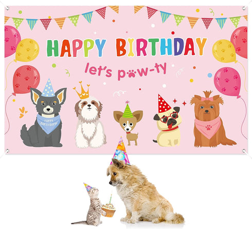 Dog Girl Party Decorations Pink Puppy Dog Themed Birthday Supplies Lets Party Banner Backdrop Dogs Cats Kids Birthday Photography Background Photo...