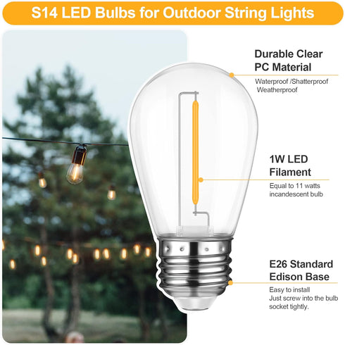 Mlambert LED String Light Bulbs,Shatterproof Outdoor String S14 Replacement Light Bulb,Waterproof 1W LED Edison Bulb Equal to 11W,15 Pack,Not Sola...