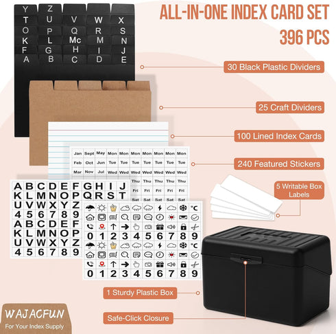 3"x5" Index Card Holder Set, Index Card Box Organizer Storage with 100 Ruled Notecards, 30 Plastic Black Dividers, 25 Kraft Dividers, 240 Designed...
