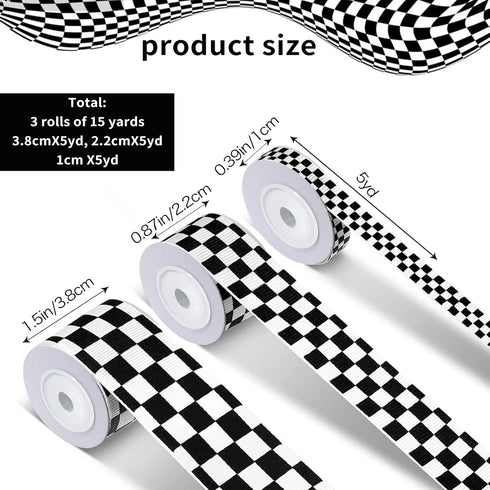 3 Rolls White Checkered Printed Ribbon Black Grosgrain Ribbon?0.4, 0.87, 1.5 Inch Wide, 15 Yard Car Theme Checkered Ribbon ? for DIY Crafts Wreath...