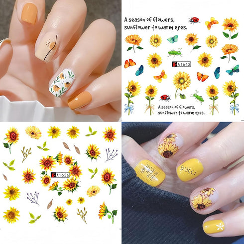 Flower Nail Art Stickers Decals Spring Summer Floral Nail Art Supplies Water Transfer Sunflower Bee Butterfly Design Yellow Flowers Nail Accessori...