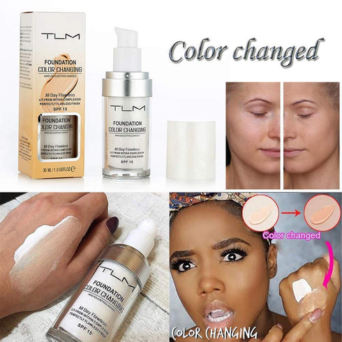 2pcs TLM Color Changing Foundation Liquid with 2 Brushes and 2 Cosmetics Sponge Flawless Full Coverage Natural Color Face Primer Base Makeup 30ml...