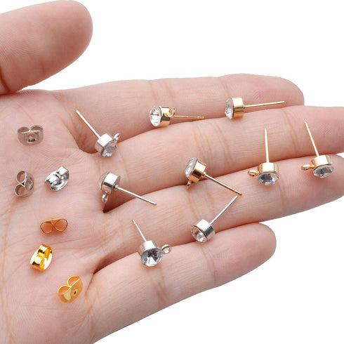 100pcs 5mm Rhinestone Earring Studs Hypoallergenic Earrings Posts with Loop and 100pcs Butterfly Earring Backs for DIY Earring Jewelry Making Supp...