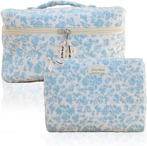 2 Pcs Cotton Quilted Makeup Bag Cute Floral Makeup Bag Large Coquette Aesthetic Cosmetic Bag Kawaii Toiletry Bag for Women Girls...