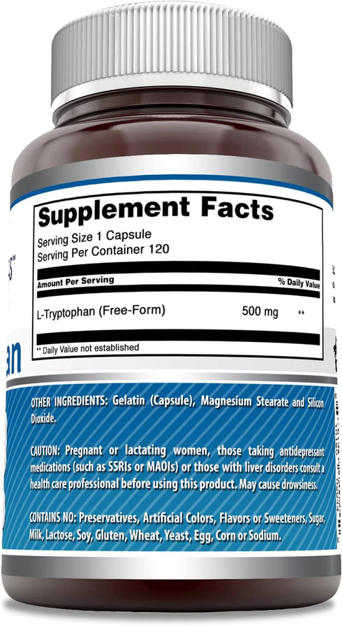 Amazing Formulas L-Tryptophan Amino Acid Supplement | 500 Mg per Serving | 120 Capsules Non-GMO | Gluten-Free | Made in USA...