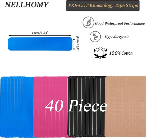 Kinesiology Tape Precut-40 Strips | Pro Elastic Athletic Tape for Joints Support & Muscle Pain Relief-Hypoallergenic and Waterproof K Tape Perfect...