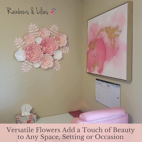 Rainbows & Lilies 15pc Large Paper Flowers Decorations for Wall - Reusable 3D Wall Decor for Girls Room, Nursery & Kids Bedroom - Pink & White Art...