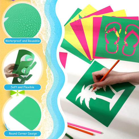 24 Pieces Summer Stencils for Kids 8 Inches Drawing Stencils Chalk Stencils Large Washable Aloha Themed Primary Shape Template for Kids Toddlers P...