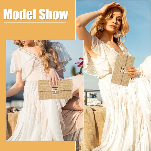 Straw Clutch, Summer Beach Straw Clutch Handbag Straw Tote Bag Boho Style Clutch Purse Handwoven Casual Small Envelope Straw Wallet for Women Girl...