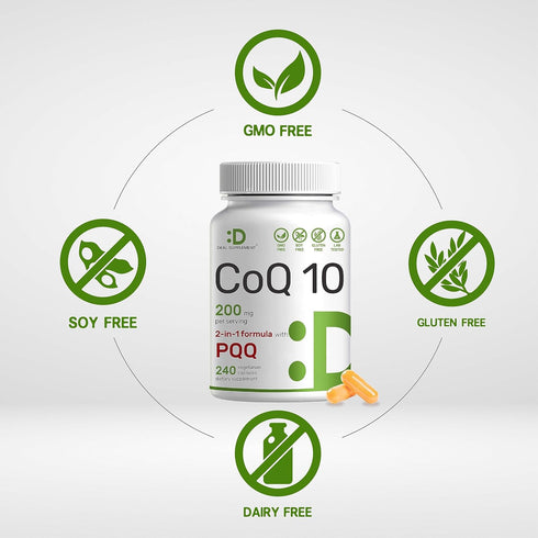 DEAL SUPPLEMENT CoQ10 200mg & PQQ 200mcg, 240 Veggie Capsules – 2 in 1 Coenzyme Q10 Supplement for Better Absorption – Antioxidant Support for Ene...