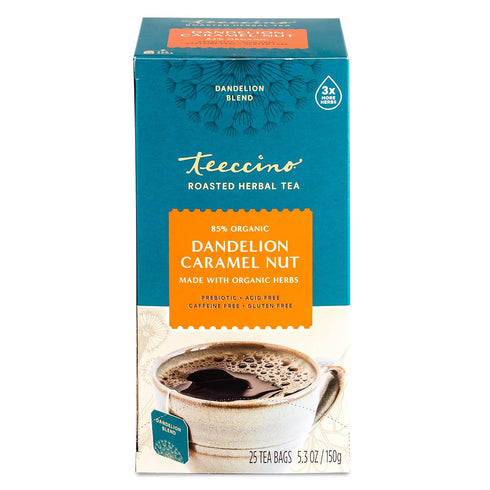 Teeccino Dandelion Caramel Nut Tea, 25 Tea Bags - Caffeine Free, Roasted Herbal Tea with Prebiotics, 3x More Herbs than Regular Tea Bags, Gluten F...