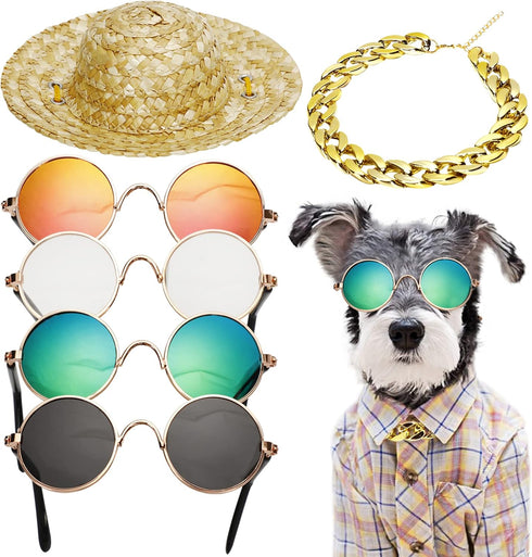 6PCS Pet Dog Cat Costume, Retro Pet Sunglasses, Adjustable Gold Chain Collar & Straw Hat, Funny Pet Accessories for Cat Puppy Small Medium Dog Bir...