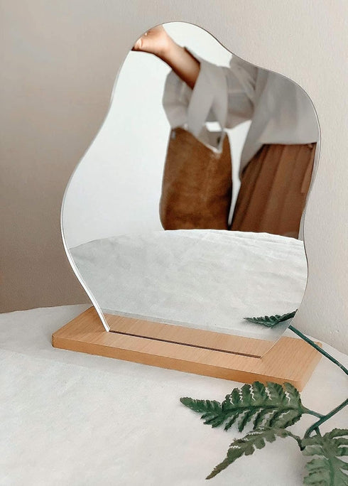 Irregular Aesthetic Vanity Mirror Frameless, Decorative Desk Tabletop Acrylic Mirrors with Wooden Stand for Living Room, Bedroom, Office and Minim...