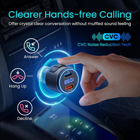 Upgraded V5.0 FM Bluetooth Transmitter Car, QC3.0 & LED Backlit Wireless Bluetooth FM Radio Adapter Music Player/Car Kit with Hands-Free Calls, Si...