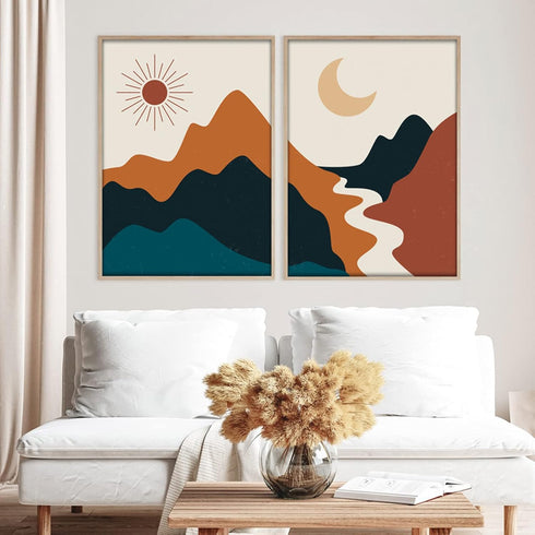Bankrenart Boho Wall Art Mid Century Abstract Sun and Moon Reiver Landscape Mountain Boho Decor Unframed Canvas Print Wall Art Minimalist Artwork ...