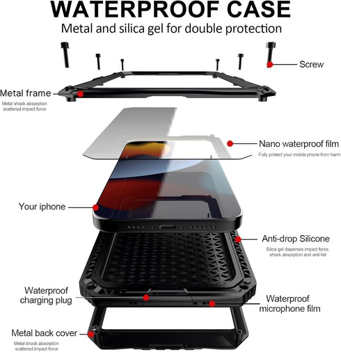 Marrkey Waterproof Case for iPhone 15, Heavy Duty Durable Metal Full Body Built-in Screen Protection Case Shockproof Dustproof Rugged Military Gra...