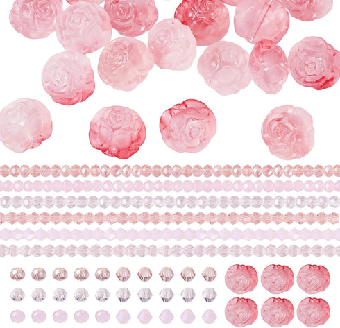 649Pcs 4mm Pink Rondelle Bicone Glass Beads Strands 20Pcs Acrylic Flower Rose Beads Kit Faceted Crystal Beads Cute Kandi Beads for Women Girls Cra...