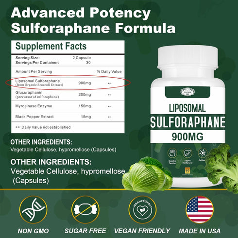 900MG Liposomal Sulforaphane Supplement Broccoli Extract, Liver Supplement for Antioxidant, Digestion, Cellular Health 60 Capsules...