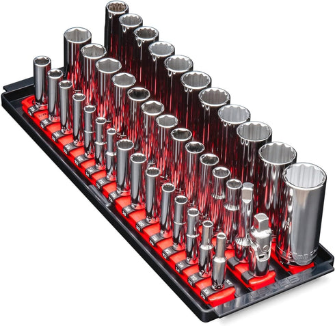 Ernst Manufacturing 8490 Socket Boss: 3-Rail Socket Organizer Tool Tray with 40 Clips (1/4", 3/8", 1/2") - Red, 13-Inch Rails for Toolbox Storage ...