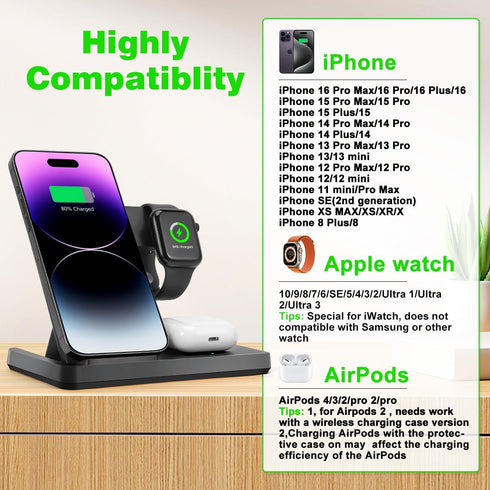 Wireless Charger, 3 in 1 Charging Station for Multiple Devices, Wireless Charging Stand for iPhone 8-15 Series,iWatch9/8/7/6/5/4/3/2/SE, AirPods3/...